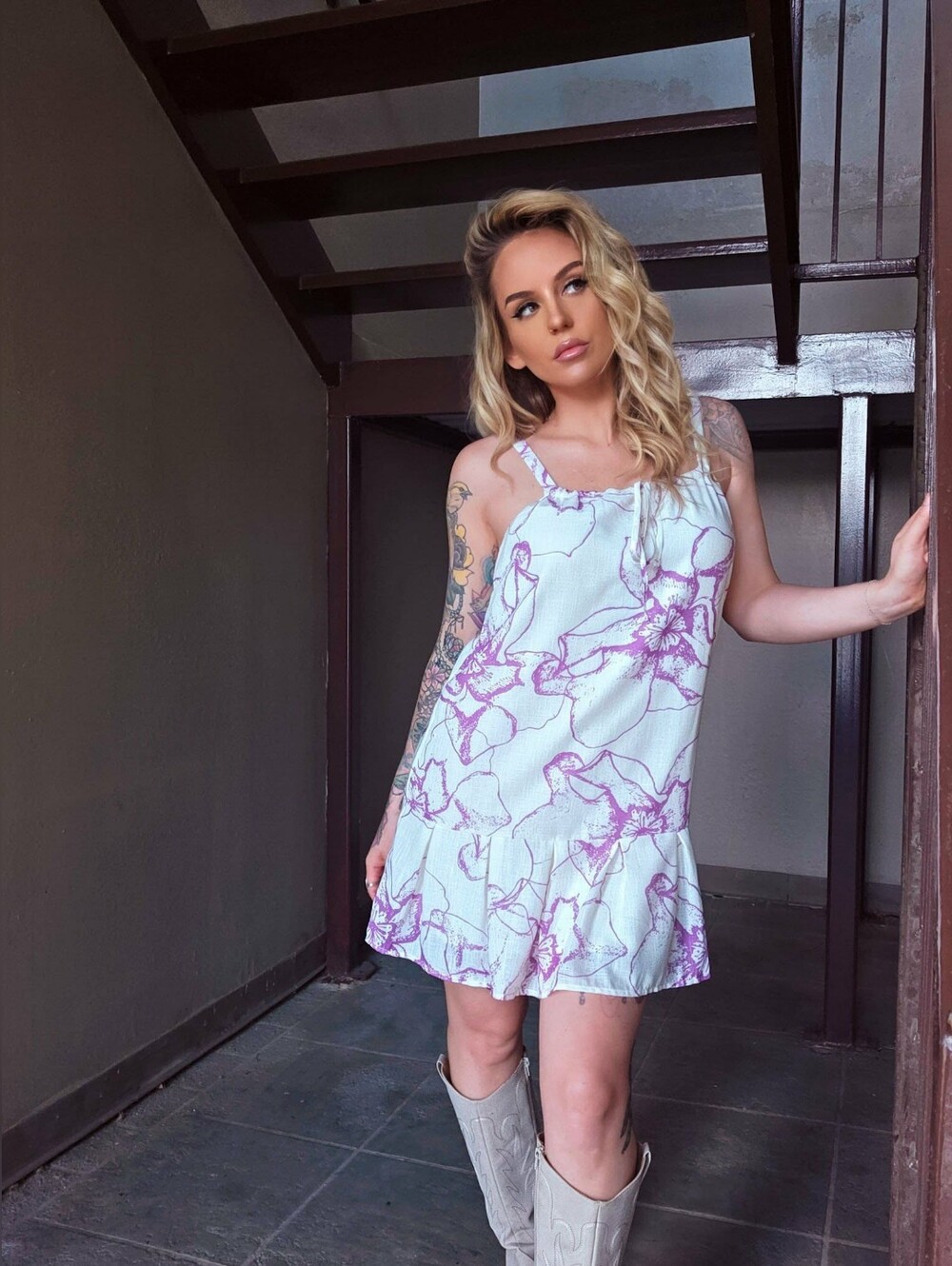 Floral Print Ruffle-Hem Mini Dress in White & Lavender